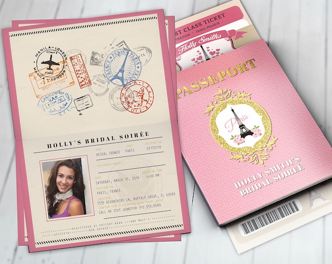 PASSPORT and TICKET, Sweet 16, Quinceanera invitation Girl birthday party, travel birthday party invitation- Paris, Digital files only