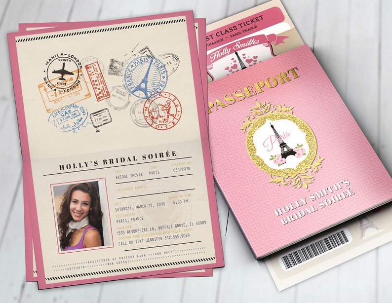 PASSPORT and TICKET, Sweet 16, Quinceanera invitation Girl birthday party, travel birthday party invitation Paris, Digital files only PINK-GOLD