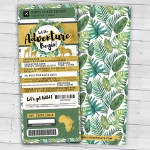 May include: A green and gold jungle-themed ticket invitation for a wild one birthday safari. The ticket has a gold border and features a jungle animal illustration. The text on the ticket reads "Let the Adventure Begin!" and includes details about the event, including the date, time, and location.