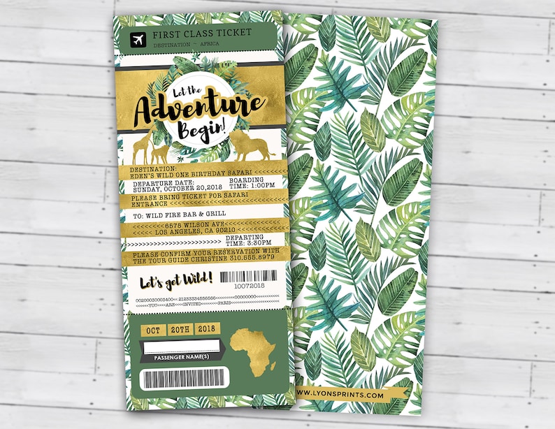 May include: A green and gold jungle-themed ticket invitation for a wild one birthday safari. The ticket has a gold border and features a jungle animal illustration. The text on the ticket reads "Let the Adventure Begin!" and includes details about the event, including the date, time, and location.