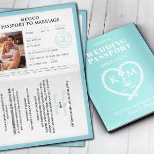 Wedding passport, Mexico passport, destination wedding, nautical wedding, customized passport, travel theme, wedding invitation