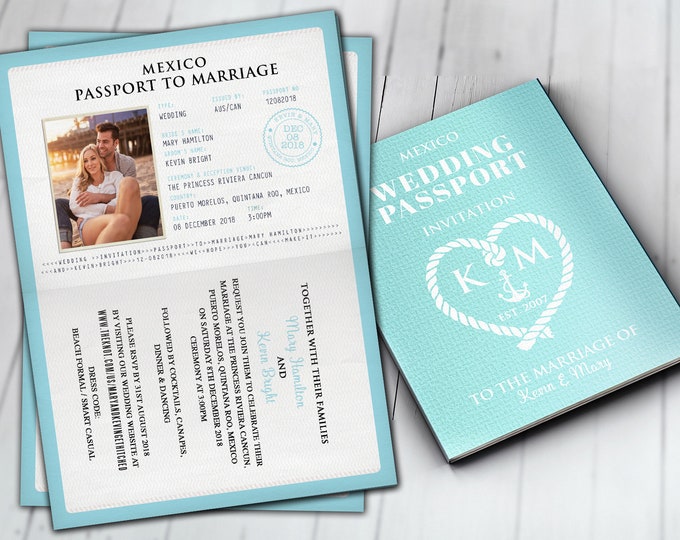 Wedding passport, Mexico passport, destination wedding, nautical wedding, customized passport, travel theme, wedding invitation
