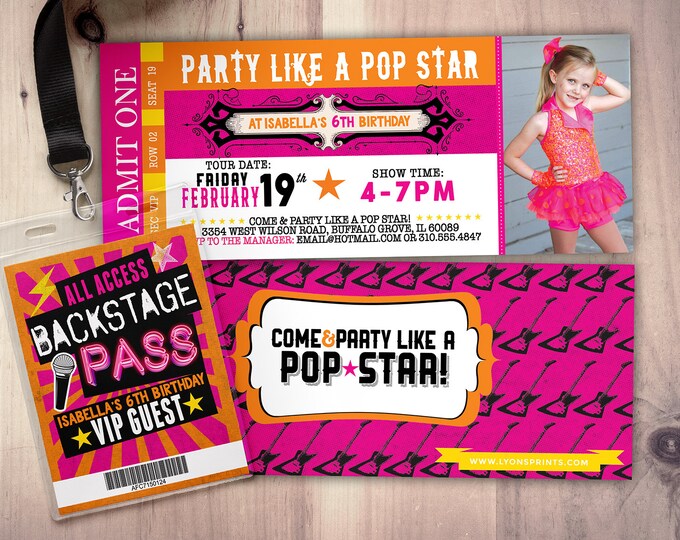 Rock Star concert ticket, birthday party invitation- Music invitation- printable, rockstar party, pop star, karaoke party, hip hop, invite