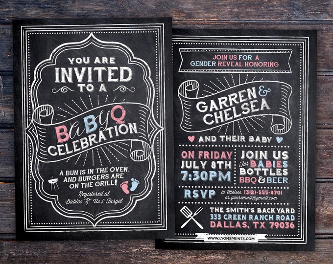 Gender reveal, BabyQ chalkboard couples co-ed Baby Shower BBQ invitation - babyq - boy girl,  baby is brewing, baby boy, baby girl shower