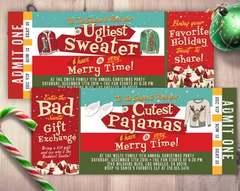 ホリデーパーティーの招待状 - 醜いセーター クリスマスパーティーの招待状 - ホリデーパーティーの招待状 - 醜いセーターの招待状、クッキー交換、パジャマ