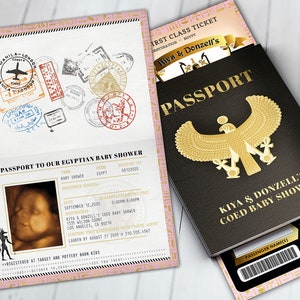 PASSPORT and TICKET, baby shower invitation- travel birthday invitation- Egypt, Egyptian, Digital files only