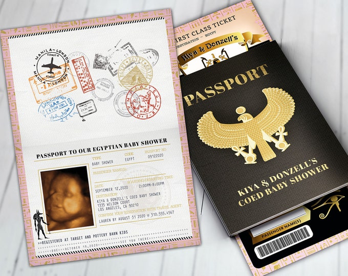 PASSPORT and TICKET, baby shower invitation- travel birthday invitation- Egypt, Egyptian, Digital files only