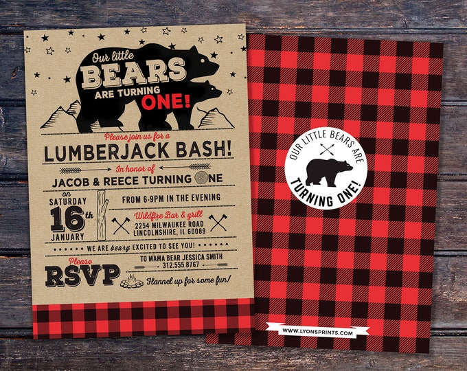 Lumberjack birthday Invitation, Buffalo Plaid Woodland Invitation, Lumberjack Invite, moose invite, bear invite, camping invitation