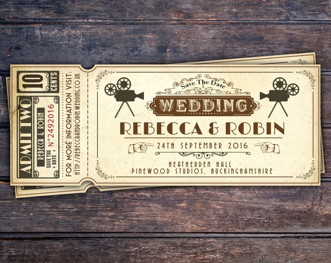 Art DecoVintage Retro Save the Date Ticket Announcement, wedding invitation, wedding shower, old Hollywood , Cinema, retro cinema ticket