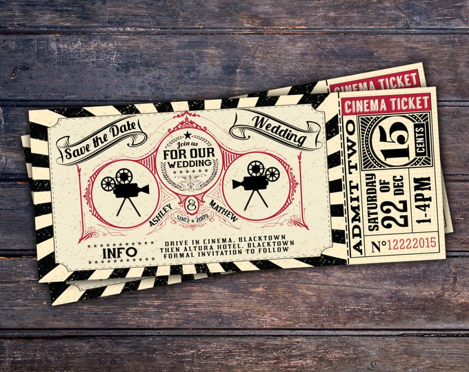 Art DecoVintage Retro Save the Date Ticket Announcement, wedding invitation, wedding shower, old Hollywood , Cinema, retro cinema ticket