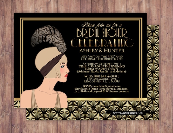 Great Gatsby wedding shower invitation, Hollywood film theme, birthday party invite Black and gold glam printable digital invite, bridal Il_570xn