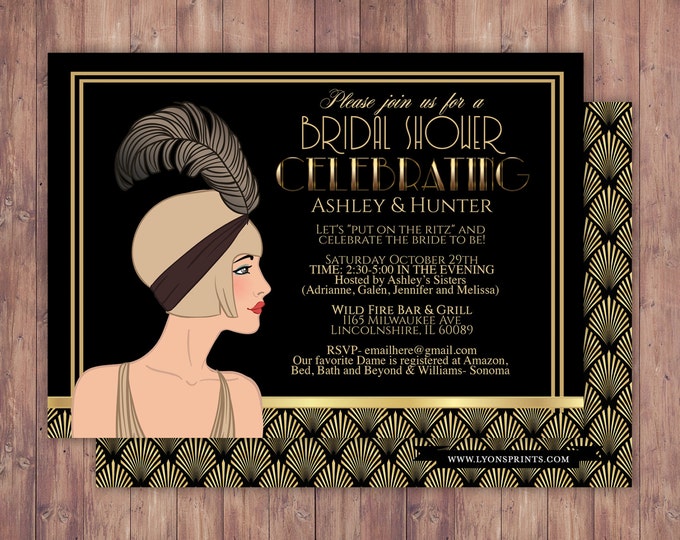 Great Gatsby wedding shower invitation, Hollywood film theme, birthday party invite Black and gold glam printable digital invite, bridal