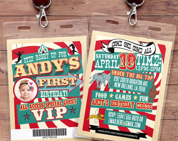 Circus, Carnival, Vintage, VIP PASS, backstage pass, birthday invitation, wedding, baby shower, bridal shower invite, party favor, lanyard