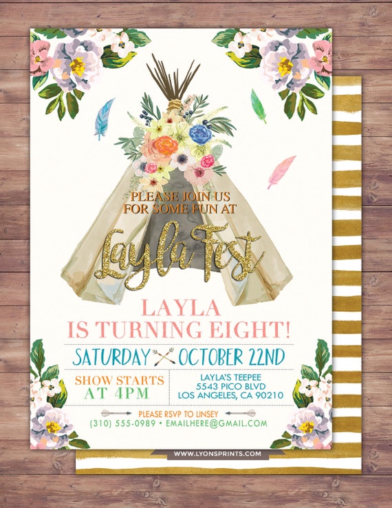 Teepee Birthday Invitation, ticket invitation, pow wow, BOHO, Tribal, first birthday, 1st birthday, Gold glitter, music festival, Rock Star Il_570xn