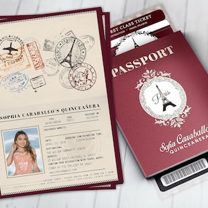 PASSPORT and TICKET invitation, Girl birthday party invitation- travel, Digital files only- Paris, prom, sweet 16, Quinceañera