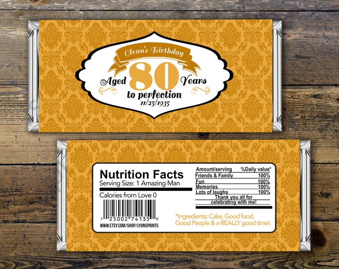 Birthday Candy Bar Wrappers - Gold, Silver Adult Milestone Favors 30th, 40th, 50th, 60th, 70th, 80th Any Age, vintage, party favor, gift