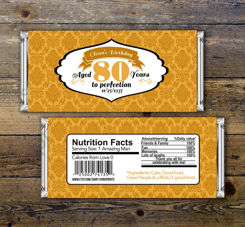 Birthday Candy Bar Wrappers Gold, Silver Adult Milestone Favors 30th, 40th, 50th, 60th, 70th, 80th Any Age, vintage, party favor, gift image 3