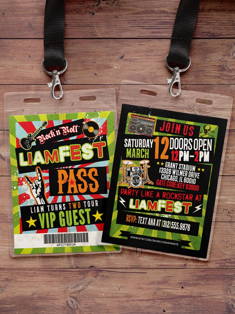 Punk Rock, VIP PASS, backstage pass, Vip invitation, birthday invitation, pop star, rock star birthday, roller-skate party VIP, 80's image 1