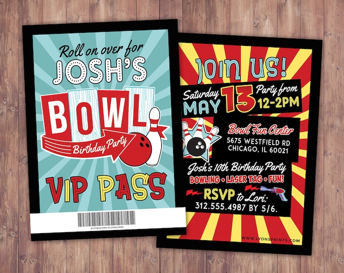 Bowling Invitation - Bowling Birthday Party Invite - Laser tag invitation, Bowling, girl bowling, VIP pass, retro bowling, bowling, Strike