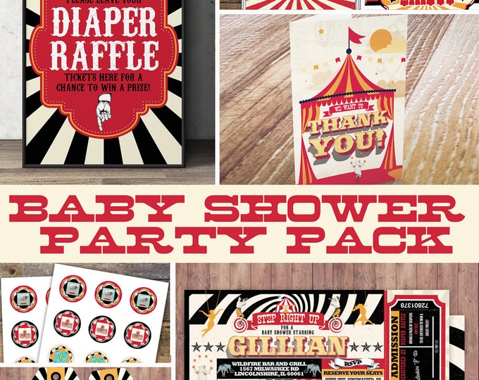 Circus Printable Baby Shower Package - Vintage Circus Big Top Baby Shower DIY Set - invitation, sign, cupcake toppers, thank you card, party