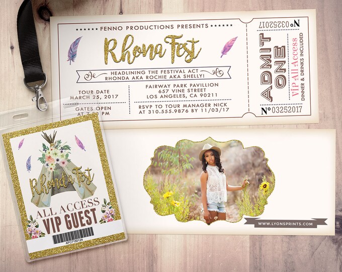 Boho birthday Invitation, ticket invitation, pow wow, BOHO, Tribal, birthday invite, music festival, Boho invitation