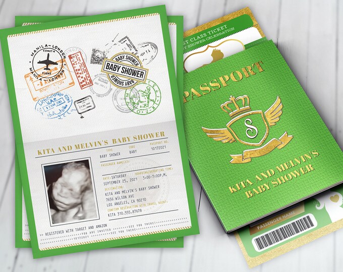 PASSPORT and TICKET baby shower invitation, Coed baby shower invitation- travel baby shower invitation, baby shower,Digital files only
