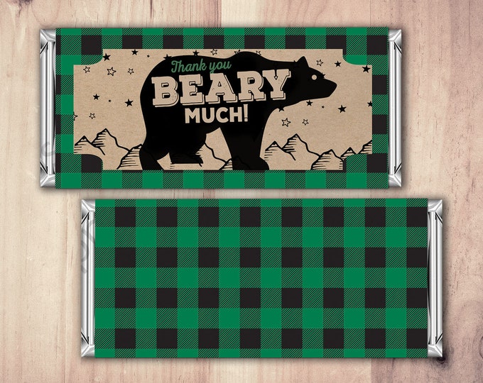 Birthday Candy Bar Wrapper, Digital file,  lumberjack, bear, Party Favors- shower favor, candy, lumberjack baby shower, woodland, baby bear