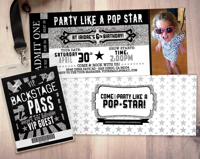ROCK STAR concert ticket birthday party invitation- Music invitation- printable, rockstar party, pop star, animal print, 80's, invite,retro