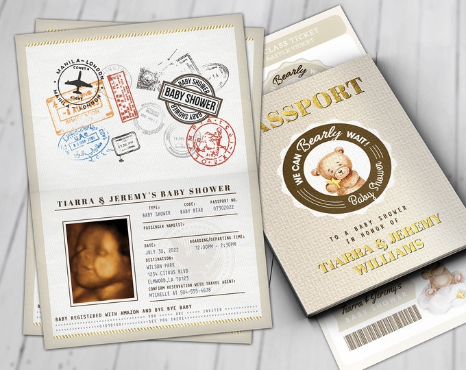 Teddy Bear Baby Shower Invitation, We can Bearly Wait, Bearly Wait Baby Shower Invitation, passport invitation