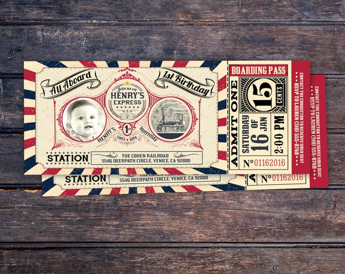 Vintage Train Ticket Invitation,Vintage Train invitation - Train ticket invitation for birthday party - Choo Choo train