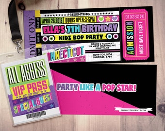 Pop star, Rock Star concert ticket birthday party invitation- Music invitation, rockstar party, pop star, karaoke party, Glow party