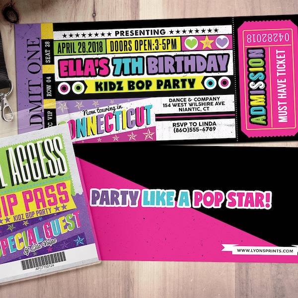 Pop star, Rock Star concert ticket birthday party invitation- Music invitation, rockstar party, pop star, karaoke party, Glow party