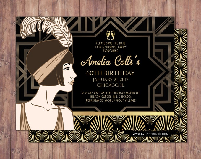 Great Gatsby, save the date, RSVP card, Roaring 20's, Hollywood film theme party. Black and gold, glam, old Hollywood