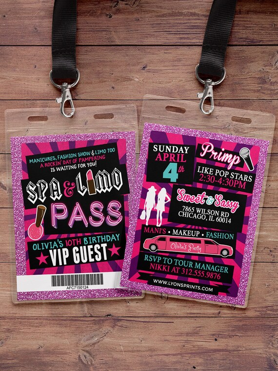Spa party, primping, Pop star, Rock Star VIP pass birthday party invitation- primp, rockstar party, pop star, karaoke party, Digital files Il_570xn