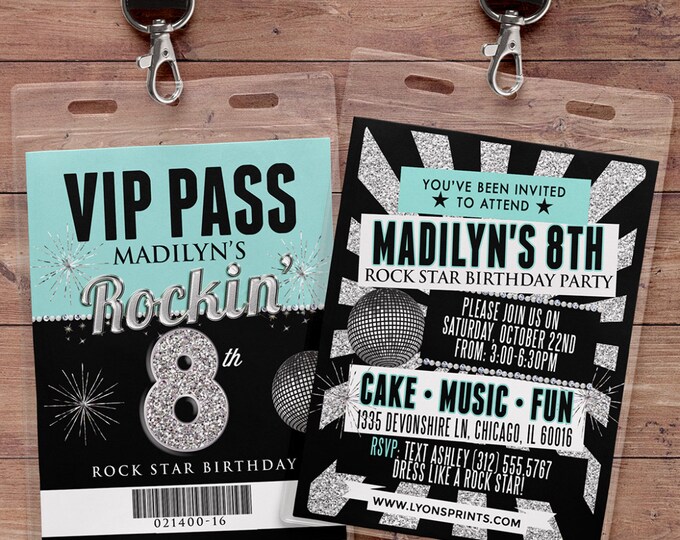 Any age, birthday invitation, rock star, VIP PASS, backstage pass, concert ticket, birthday invitation, wedding, baby shower, party favor