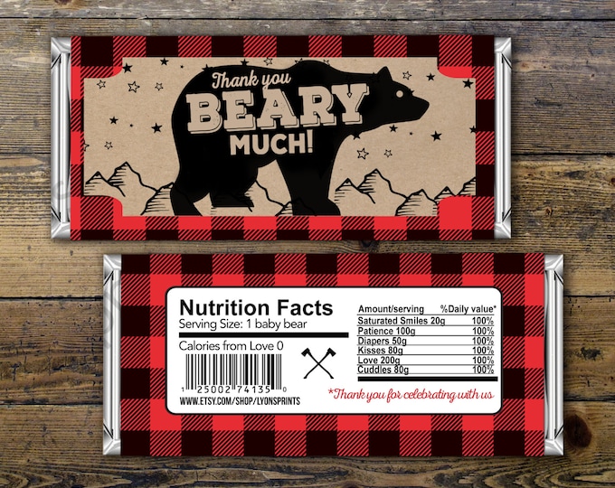 Digital Candy Bar Wrapper – lumberjack, bear  – Party Favors- shower favor, candy, lumberjack baby shower, woodland, birthday favor