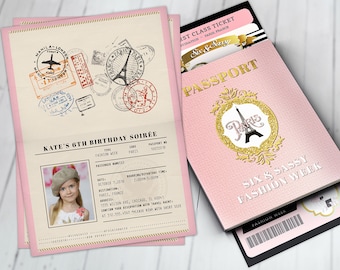 PASSPORT and TICKET, Sweet 16, Quinceanera invitation Girl birthday party, travel birthday party invitation- Paris, Digital files only