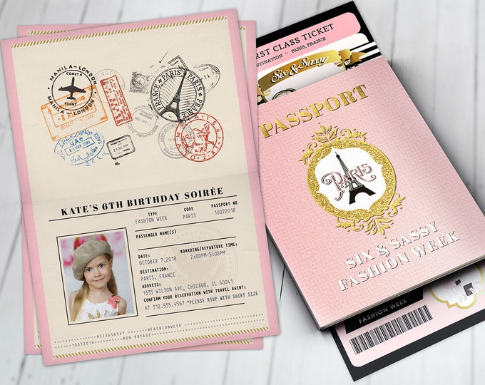 PASSPORT and TICKET, Sweet 16, Quinceanera invitation Girl birthday party, travel birthday party invitation- Paris, Digital files only