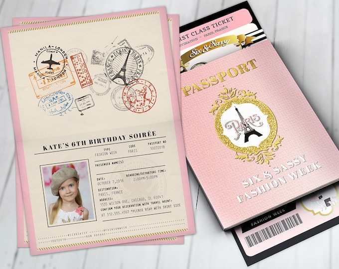 PASSPORT and TICKET, Sweet 16, Quinceanera invitation Girl birthday party, travel birthday party invitation- Paris, Digital files only