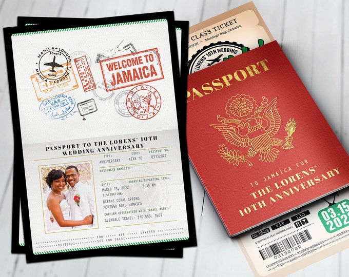 Passport and ticket  wedding anniversary invitation, wedding party invitation, cruise invitation, Jamaica, we still do, Digital files only