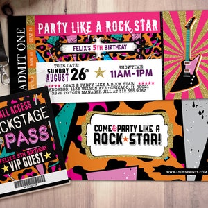 ROCK STAR concert ticket birthday party invitation- Music invitation- printable, rockstar party, pop star, animal print, 80's, invite,retro