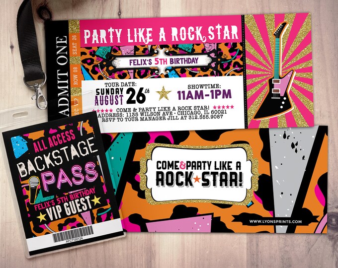 ROCK STAR concert ticket birthday party invitation- Music invitation- printable, rockstar party, pop star, animal print, 80's, invite,retro