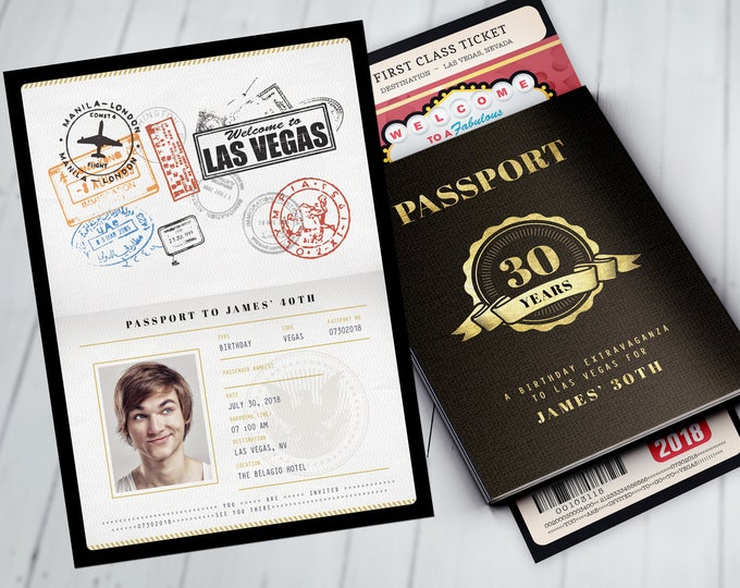 Las Vegas birthday party, PASSPORT and TICKET birthday invitation, travel birthday party invitation, custom passport, Vegas, Casino, poker