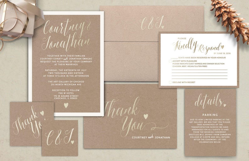info card RSVP monogram Gold Wedding Invitation Printable Kraft,Wedding Invitation Suite hand lettered typography theme