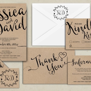 Wedding Invitation Printable, Kraft,Wedding Invitation Suite, RSVP, monogram, info card, hand lettered typography theme.