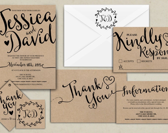 Wedding Invitation Printable, Kraft,Wedding Invitation Suite, RSVP, monogram, info card, hand lettered typography theme.
