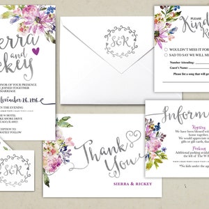 Floral, rustic, BOHO, Wedding Invitation Printable, Kraft,Wedding Invitation Suite, RSVP, monogram, info card, hand lettered typography