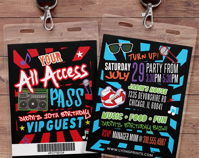 Hip hop, Retro, neon, VIP PASS, backstage pass, Vip invitation, birthday invitation, pop star, bridal shower invite, Rock Star birthday,