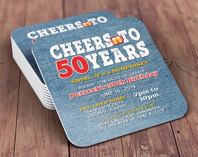 Cheers and Beers invitation, beer, 21st, 30th, 40th, 50th, 60th, 70th, Milestone birthday, Denim invite, digital file