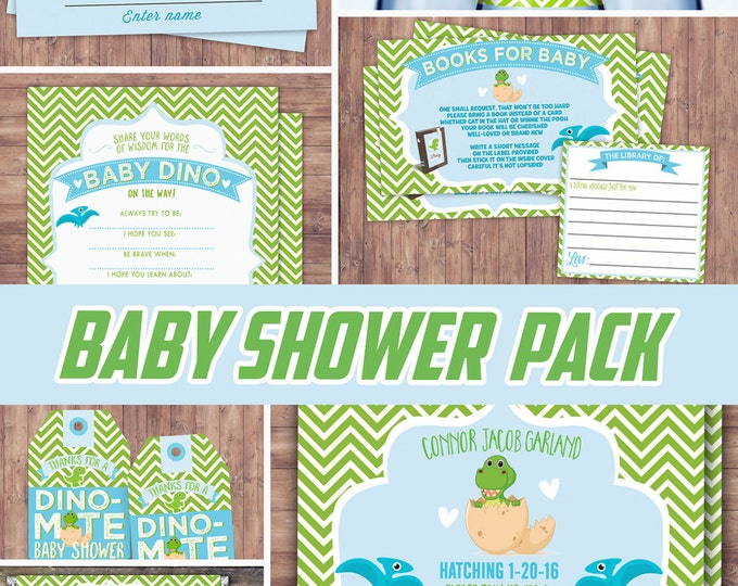 Party pack, party decorations, Baby Dino baby shower, Dinosaur shower, book request, diaper raffle, invitation, advice card, dinosaur